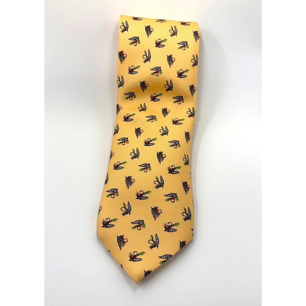 R. Hanauer Mens Yellow Fly Fishing Lure Silk Necktie Hand Made in USA 60 Inch